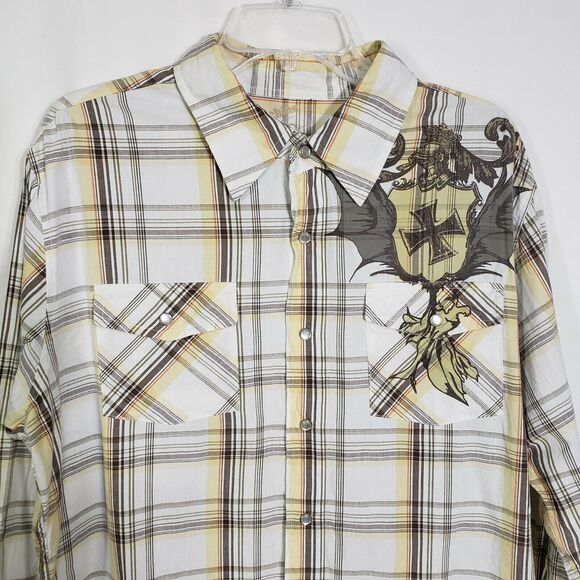 Machine Mens Shirt Large Pearl Snap Plaid Graphic Pockets Long Sleeve Western - Picture 3 of 10